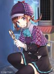  ange_vierge black_legwear brown_hair candy capelet deerstalker detective food hat lollipop looking_at_viewer magnifying_glass midorikawa_you mouth_hold pleated_skirt purple_eyes skirt solo thighhighs 