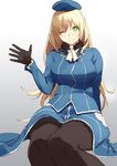  ;) atago_(kantai_collection) bad_id bad_pixiv_id beret blonde_hair gloves green_eyes hat kantai_collection long_hair one_eye_closed panda_(pandadesu) pantyhose smile solo uniform waving 