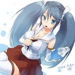  ayagi_daifuku blue_eyes blue_hair bottle breasts cleavage isuzu_(kantai_collection) kantai_collection large_breasts long_hair open_mouth sailor_collar signature sitting sweat thighhighs twintails water_bottle white_legwear zettai_ryouiki 