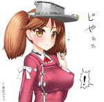  alternate_breast_size bad_id bad_pixiv_id blush breasts brown_eyes brown_hair doyagao hat kantai_collection kanzaki_muyu large_breasts long_hair looking_at_viewer magatama ryuujou_(kantai_collection) smile solo sweat translated twintails visor_cap 