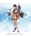  bird brown_hair character_name dove green_eyes hair_ornament hairclip highres holding jeanex kantai_collection looking_at_viewer machinery original pacific school_uniform serafuku short_hair smile translation_request turret uss_shaw_(dd-373) 