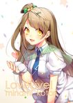  blush brown_hair character_name copyright_name earrings fingerless_gloves gloves hair_ornament hairclip jewelry liang long_hair love_live! love_live!_school_idol_project minami_kotori necktie one_side_up smile solo white_gloves yellow_eyes 