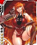  big_breasts bodysuit boots breasts card_(medium) cigarette female gun huge_breasts kamimura_maika large_breasts long_hair orange_hair purple_eyes red_hair shiny_skin sian smile taimanin_asagi taimanin_asagi_battle_arena weapon 