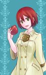  1girl akagami_no_shirayukihime apple double-breasted food fruit green_eyes labcoat pharmacist red_apple red_hair shirayuki_(akagami_no_shirayukihime) shirayuki_(ans) short_hair solo uniform 
