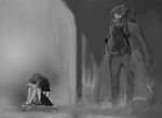  1girl bad_id bad_pixiv_id greyscale kill_la_kill leg_hug long_coat looking_back matoi_ryuuko monochrome panties rain sanageyama_uzu sitting skirt underwear warami wet 