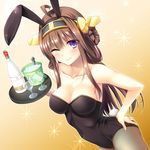  ;) ahoge alcohol alternate_costume animal_ears bare_shoulders bottle breasts brown_hair bucket bunny_ears bunny_tail bunnysuit cleavage closed_mouth glass goblet hairband hand_on_hip headgear highres ice kantai_collection kongou_(kantai_collection) long_hair looking_at_viewer medium_breasts moeki_yuuta one_eye_closed pantyhose purple_eyes smile solo tail tray wine 