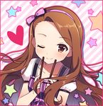  blush brown_eyes brown_hair food hairband idolmaster idolmaster_(classic) long_hair looking_at_viewer mauve minase_iori one_eye_closed pocky pocky_day short_sleeves smile solo star 