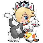  1girl animal_ears animal_tail bell blonde_hair blue_eyes blush cat_ears cat_paws cat_rosalina cat_suit cat_tail catsuit chiko_(mario) collar crown earrings eyelashes female ghost-pepper hair_over_one_eye jewelry lipstick looking_down luma makeup mario_(series) mother nintendo parted_lips paws rosalina_(mario) rosetta_(mario) short_eyebrows simple_background star_earrings super_mario_3d_world super_mario_bros. super_mario_galaxy tail white_background wide_hips wink 
