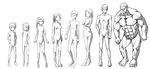  1girl age_progression breast_hold breasts full_body greyscale hands_on_hips highres kimagure_blue large_breasts lineart monochrome muscle no_nipples no_penis no_pussy original ponytail small_breasts standing 