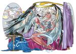  alternate_costume angel angel_wings archangel_metatron_(p&amp;d) bare_legs bird blue_eyes book breasts cleavage cup dark_angel_metatron_(p&amp;d) dark_skin feathered_wings halo holding horus_(p&amp;d) kei_(keiclear) legs_together long_hair medium_breasts nightgown pink_ribbon puzzle_&amp;_dragons ribbon simple_background sitting smile solo star table wavy_hair white_background wings 