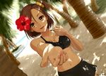  bikini breasts brown_eyes brown_hair cleavage dappled_sunlight dutch_angle fingernails flower hair_flower hair_ornament hibiscus highres idolmaster idolmaster_cinderella_girls looking_at_viewer medium_breasts mizuki_seira open_mouth outstretched_arm palm_tree saty-rokuji scrunchie short_hair side_ponytail solo sunlight swimsuit tree 