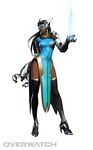  arnold_tsang black_eyes black_hair black_legwear blue_dress contrapposto dark_skin dress full_body headgear high_heels long_hair official_art overwatch side_slit simple_background solo standing symmetra_(overwatch) thighhighs visor watermark white_background 