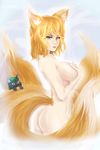  animal_ears ass blonde_hair breasts chen chen_(cat) covering covering_breasts fox_ears fox_tail from_side grey_background large_breasts lips looking_at_viewer looking_to_the_side messy_hair mightyhonk multiple_girls multiple_tails nose nude orange_eyes sideboob tail touhou yakumo_ran 