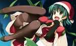  bad_id bad_pixiv_id black_gloves christmas elbow_gloves fingerless_gloves gloves green_eyes green_hair hat original pantyhose sack santa_costume santa_hat shikei short_hair solo 