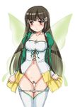  amagi_brilliant_park blush bottomless brown_eyes brown_hair fairy_wings green_wings hair_tubes highres koborii_(amaburi) long_hair looking_away navel panties panty_pull parted_lips pubic_hair pussy solo thigh_gap thighhighs twintails underwear wan'yan_aguda wings 