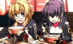  adele_balfetto bad_id bad_pixiv_id blonde_hair blue_eyes eating fingerless_gloves food glasses gloves hair_over_eyes kyoukaisenjou_no_horizon long_hair mukai_suzu multiple_girls ponytail purple_hair shikei 