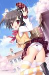  :d absurdres ass black_hair cherry_blossoms hat hat_removed headwear_removed highres open_mouth panties petals plaid plaid_skirt red_eyes scan school_uniform side_ponytail skirt smile solo striped striped_legwear sweater_vest thighhighs toranosuke underwear upskirt white_panties yellow_legwear 