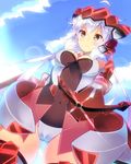  bodysuit bow_(weapon) breasts cloud crossbow day from_below highres large_breasts long_hair mizuyoukan_(mikususannda) purple_eyes revision senki_zesshou_symphogear silver_hair sky solo twintails weapon yukine_chris 