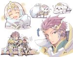  1boy 1girl 1other animalization armor blue_eyes blue_hair brother_and_sister brown_gloves closed_mouth eyes_closed fire_emblem fire_emblem_heroes gloves gradient_hair hair_ornament hood hood_up hrid_(fire_emblem_heroes) log long_sleeves multicolored_hair nakabayashi_zun nintendo open_mouth parted_lips robe short_hair siblings silver_hair sitting summoner_(fire_emblem_heroes) tiara white_gloves white_hair ylgr_(fire_emblem_heroes) 
