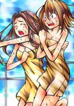  2girls brown_eyes brown_hair closes_eyes digimon digimon_adventure eyes_closed multiple_girls naked_towel no_bra no_panties open_eyes running tachikawa_mimi takenouchi_sora towel 