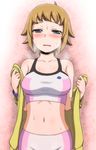  bike_shorts blue_eyes blush breasts breath brown_hair gundam gundam_build_fighters gundam_build_fighters_try hone_(koppun) hoshino_fumina jacket medium_breasts midriff navel short_hair solo sports_bra wavy_mouth 