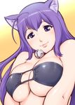  ahoge animal_ears asobi_ni_iku_yo! bandeau bell bell_collar breast_squeeze breasts cat_ears collar jingle_bell kuune large_breasts purple_eyes purple_hair solo ueyama_michirou underboob upper_body 