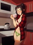  avatar:_the_last_airbender avatar_(series) blush breasts brown_hair casual cleavage contemporary cup front-print_panties green_eyes green_panties highres holding_arm incase jin_(avatar) kettle kitchen lips looking_at_viewer medium_breasts mug navel no_bra open_clothes open_shirt panties plaid plaid_shirt ponytail print_panties shirt solo underwear 