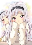  :&lt; blush chibi grey_hair hairband hitotsuki_nanoka idolmaster idolmaster_(classic) long_hair looking_at_viewer multiple_girls pink_eyes puchimasu! shijou_takane sweater takanya 