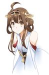  ahoge brown_eyes brown_hair byeontae_jagga detached_sleeves double_bun headgear highres kantai_collection kongou_(kantai_collection) long_hair looking_at_viewer nontraditional_miko smile solo white_background 
