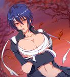  blue_hair blush breasts collarbone gakuran headband karei_(zeroseed) large_breasts leaf lips navel nipples nisekoi red_eyes sarashi school_uniform short_hair solo tsugumi_seishirou twilight undone_sarashi upper_body 