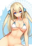  absurdres amagi_brilliant_park bare_shoulders bikini_top blonde_hair blue_eyes bottomless breasts collarbone condom condom_in_mouth dean groin highres large_breasts long_hair looking_at_viewer mouth_hold navel out-of-frame_censoring solo sylphy_(amaburi) two_side_up 