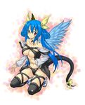  asymmetrical_wings bare_shoulders blue_hair blush breasts choker dizzy guilty_gear large_breasts long_hair navel ozaneko red_eyes ribbon smile solo squatting tail tail_ribbon thighhighs twintails underboob wings 