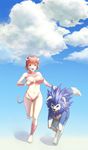  bouncing_breasts breasts cleavage_cutout cloud day demon_girl demon_tail highres horns large_breasts monster_farm open_mouth pink_hair pixie_(monster_farm) red_eyes running short_hair sky sleeping tail tiger_(monster_farm) tkln 