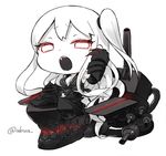  abua aircraft_carrier_oni chibi gauntlets kantai_collection long_hair looking_at_viewer machinery one_side_up open_mouth shinkaisei-kan simple_background solo turret twitter_username white_background white_eyes white_hair white_skin 
