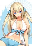  absurdres amagi_brilliant_park bare_shoulders blonde_hair blue_eyes breasts collarbone dean highres large_breasts long_hair looking_at_viewer navel open_mouth shorts solo sylphy_(amaburi) two_side_up 