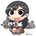  :d abua agano_(kantai_collection) black_eyes black_hair chibi gloves kantai_collection long_hair looking_at_viewer machinery navel open_mouth pleated_skirt school_uniform serafuku simple_background skirt smile solo turret twitter_username white_background white_gloves 