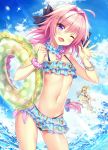  1girl astolfo_(fate) bikini brace bracelet braided_ponytail choker doughnut_print fang fate/apocrypha fate/grand_order fate_(series) frilled_bikini frilled_choker frills hair_ribbon highres innertube jewelry mordred_(fate)_(all) mordred_(swimsuit_rider)_(fate) otoko_no_ko pink_hair ponytail purple_eyes ribbon scrunchie surfboard surfing swimsuit trap water waving wrist_scrunchie yadamon_(neverland) 