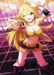  ;d arms_up bare_shoulders beyond_the_wishes blonde_hair boots bracelet breasts cleavage earrings fur_collar fur_trim green_eyes hoop_earrings hoshii_miki idolmaster idolmaster_(classic) jewelry long_hair medium_breasts midriff navel one_eye_closed open_mouth pointing shion_(kizuro) shorts smile solo standing very_long_hair zoom_layer 