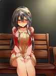  alternate_costume bench black_hair blush breasts brown_eyes casual choker collarbone commentary_request hair_ornament hairband hairclip haruna_(kantai_collection) highres jewelry kantai_collection large_breasts long_hair ring sitting solo tsukui_kachou wedding_band 