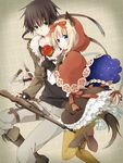  1girl animal_ears apple big_bad_wolf_(grimm) black_hair blonde_hair blue_eyes bow braid cosplay fingerless_gloves food fruit gloves green_eyes gun hair_bow hair_ribbon highres hunter_(little_red_riding_hood) knife little_red_riding_hood little_red_riding_hood_(grimm) little_red_riding_hood_(grimm)_(cosplay) long_hair nana_kusun original pantyhose petticoat ribbon rifle single_braid smile sweat tail weapon wolf_ears wolf_tail yellow_legwear 