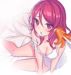  alternate_eye_color blush breasts cleavage fiodo food lingerie looking_at_viewer love_live! love_live!_school_idol_project medium_breasts negligee nishikino_maki off_shoulder open_mouth red_eyes red_hair saliva saliva_trail sexually_suggestive sitting solo strap_slip tako-san_wiener underwear 