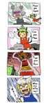  4koma animal_ears bishamonten's_pagoda black_hair blank_eyes blonde_hair cat_ears cat_tail chen comic commentary dress english fox_tail furyou grey_hair hair_ornament hat highres jewelry mob_cap mouse_ears mouse_tail multicolored_hair multiple_girls nazrin nekomata pillow_hat red_eyes running scared shaded_face short_hair tabard tail toramaru_shou touhou two-tone_hair wavy_mouth white_dress yakumo_ran ylvis 