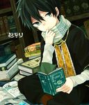  1boy akagami_no_shirayukihime black_hair blue_eyes book bookshelf child cowl_neck_scarf pharmacist reading ryuu_(akagami_no_shirayukihime) ryuu_(ans) scarf shelf sitting uniform 