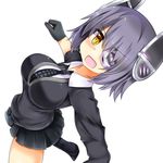  blush breasts eyepatch gloves headgear kantai_collection large_breasts looking_at_viewer open_mouth purple_hair school_uniform short_hair simple_background skirt solo tenryuu_(kantai_collection) thighhighs us2s white_background yellow_eyes 