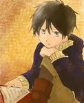  1boy akagami_no_shirayukihime black_hair book pen reading ryuu_(akagami_no_shirayukihime) ryuu_(ans) shirt sitting striped striped_shirt sweater vertical_stripes 