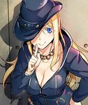  ajishio ayase_eli blonde_hair blue_eyes blush breasts cleavage coat colored_eyelashes diamond_princess_no_yuuutsu finger_to_mouth hat hat_over_one_eye large_breasts long_hair looking_at_viewer love_live! love_live!_school_idol_project ponytail smile solo upper_body 