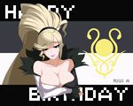  black_eyes blonde_hair breasts cleavage dated dress fur_collar happy_birthday heterochromia high_ponytail hilda_(under_night_in-birth) large_breasts lipstick long_hair makeup off-shoulder_dress off_shoulder official_art pixel_art purple_lipstick red_eyes scrunchie smile solo under_night_in-birth very_long_hair yoshihara_seiichi 