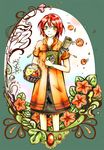  1girl akagami_no_shirayukihime apple basket book border carrying dress flower food fruit pharmacist plant red_apple red_hair scroll shirayuki_(akagami_no_shirayukihime) shirayuki_(ans) short_hair smile uniform 