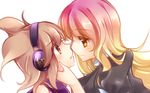  brown_eyes chin_grab earmuffs gradient_hair hijiri_byakuren imminent_kiss kujou_mikuru light_brown_hair long_hair multicolored_hair multiple_girls pointy_hair touhou toyosatomimi_no_miko yellow_eyes yuri 