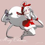  ahoge bow christmas detached_sleeves flat_chest forehead_jewel french-bread hairband high_heels huge_ahoge long_hair low_twintails merkava_(under_night_in-birth) merry_christmas miniboy red_eyes sack santa_costume signature simple_background solo_focus stiletto_heels thighhighs twintails under_night_in-birth vatista very_long_hair white_hair white_legwear yoshihara_seiichi 